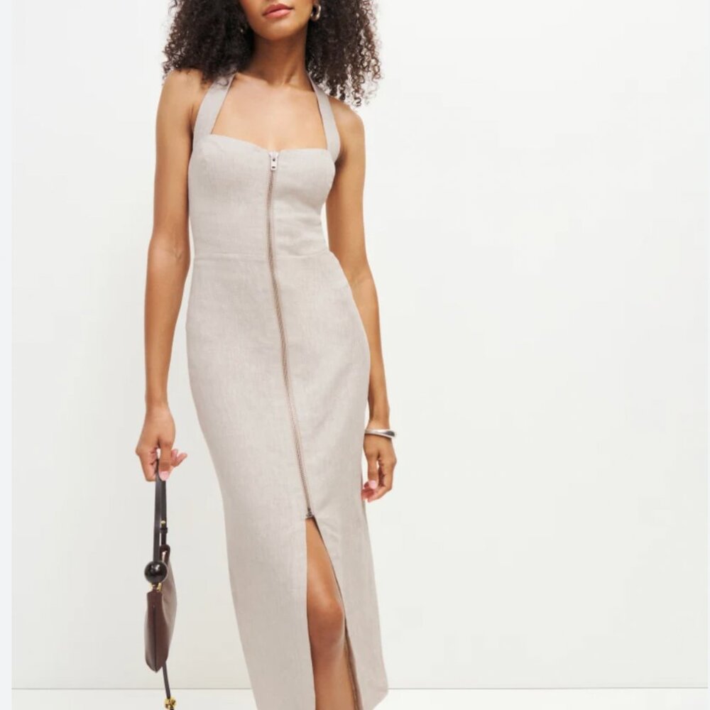 NWT Reformation Edina Linen Dress Sz2 Oatmeal Linen Causal Halter - Picture 3 of 12
